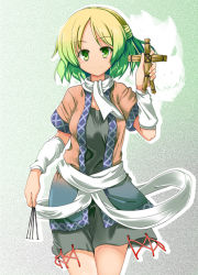 Rule 34 | 1girl, blonde hair, female focus, green eyes, half updo, maiku, mizuhashi parsee, open clothes, scarf, short hair, solo, touhou, straw doll