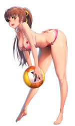Rule 34 | 1girl, ass, ass cutout, ball, barefoot, bent over, bikini, blush, breasts, brown hair, butt crack, cleavage, clothing cutout, dead or alive, destiny child, heart, holding, holding ball, kasumi (doa), kim hyung tae, large breasts, long hair, official art, open mouth, pink bikini, ponytail, shiny skin, solo, swimsuit, transparent background, volleyball, volleyball (object)
