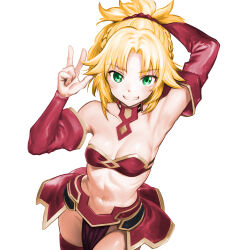 Rule 34 | 1girl, aqua eyes, arm behind head, arm up, armpits, bandeau, bare shoulders, blonde hair, braid, breasts, cleavage, collarbone, detached sleeves, fate/apocrypha, fate (series), from above, grin, groin, hair intakes, half up braid, hand up, highres, loincloth, long sleeves, looking at viewer, medium breasts, midriff, minamoto80486, mordred (fate), mordred (fate/apocrypha), navel, no panties, overskirt, red bandeau, red sleeves, red thighhighs, short hair, short ponytail, simple background, smile, solo, teeth, thighhighs, white background