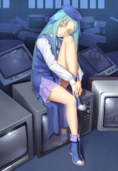 Rule 34 | 1girl, :&lt;, animal ears, blue hair, boots, character request, cross, hat, hugging own legs, long hair, sitting, skirt, solo, television, tsukikanade, world embryo, yellow eyes