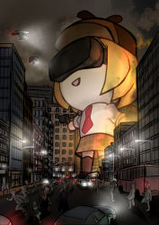 Rule 34 | 1girl, absurdres, aircraft, blonde hair, brown skirt, brown thighhighs, building, bus, chibi, city, cityscape, controller, ddolbang, giant, giantess, head-mounted display, helicopter, highres, holding, holding controller, hololive, hololive english, lamppost, long sleeves, motor vehicle, necktie, night, night sky, plaid, plaid skirt, red neckwear, shirt, short hair, skirt, sky, smol ame, thighhighs, virtual youtuber, watson amelia, white shirt