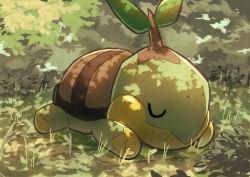 Rule 34 | absurdres, closed eyes, closed mouth, commentary request, creatures (company), day, closed eyes, game freak, gen 4 pokemon, grass, highres, lily (tefp4757), lying, nintendo, no humans, on stomach, outdoors, pokemon, pokemon (creature), sleeping, solo, turtwig, u u