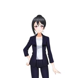 Rule 34 | &gt;:), 10s, 1girl, black hair, cowboy shot, formal, hair bun, hand on own hip, long sleeves, love live!, love live! school idol festival, love live! school idol project, non-web source, office lady, official art, red eyes, short hair, single hair bun, solo, suit, transparent background, v-shaped eyebrows, yazawa nico&#039;s mother