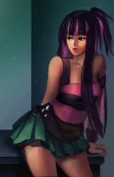 Rule 34 | 10s, 1girl, 3four, alternate hairstyle, bare legs, black hair, blue eyes, casual, colored inner hair, lips, long hair, miniskirt, multicolored hair, one side up, panty &amp; stocking with garterbelt, purple hair, skirt, solo, stocking (psg), striped, wristband