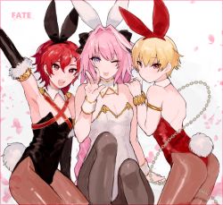 Rule 34 | 3boys, ;p, alexander (fate), animal ears, armlet, ass, astolfo (fate), black gloves, black legwear, blonde hair, blush, braid, brown legwear, chain, child gilgamesh (fate), detached collar, earrings, elbow gloves, fake animal ears, fate/apocrypha, fate/grand order, fate/hollow ataraxia, fate (series), fur trim, gilgamesh (fate), gloves, jewelry, leotard, long hair, looking at viewer, male focus, male playboy bunny, miyako (xxxbibit), multiple boys, one eye closed, open mouth, pantyhose, pink hair, playboy bunny, purple eyes, rabbit ears, rabbit tail, red eyes, red hair, short hair, smile, tail, tongue, tongue out, trap, v, white background, wink, wrist cuffs