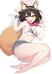 Rule 34 | 1girl, :d, absurdres, animal ears, barefoot, bikini, blue archive, blue shorts, breasts, brown hair, commentary request, denim, denim shorts, double fox shadow puppet, fox ears, fox girl, fox shadow puppet, fox tail, halo, highres, izuna (blue archive), izuna (swimsuit) (blue archive), legs, looking at viewer, medium breasts, official alternate costume, open mouth, red halo, short hair, shorts, smile, solo, striped bikini, striped clothes, swimsuit, tail, thighs, yagantoegeun, yellow eyes