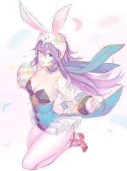 Rule 34 | 1girl, animal ears, animal hood, ballet slippers, blue eyes, blue hair, blue leotard, breasts, choker, cleavage, collarbone, easter, easter egg, egg, fake animal ears, fire emblem, fire emblem awakening, fire emblem heroes, flower, frilled choker, frills, full body, gloves, hair flower, hair ornament, hood, leotard, long hair, looking at viewer, looking to the side, lucina (fire emblem), lucina (spring) (fire emblem), neck ribbon, nintendo, pantyhose, parted lips, petals, puffy short sleeves, puffy sleeves, rabbit ears, rabbit hood, rabbit tail, ribbon, short sleeves, small breasts, smile, solo, tail, white background, wind, wind lift, wrist cuffs, yuuji (and)