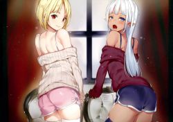 Rule 34 | ass, bare shoulders, blonde hair, blue eyes, blue thighhighs, contrapposto, cowboy shot, cropped, curtains, dark-skinned female, dark skin, dolphin shorts, english text, engrish text, fang, from behind, grin, highres, indoors, long hair, long sleeves, looking at viewer, looking back, non-web source, off-shoulder, off-shoulder sweater, off shoulder, open mouth, original, parted lips, pointy ears, ranguage, red eyes, ribbed sweater, scan, short hair, short shorts, shorts, shoulder blades, sleeves past wrists, smile, standing, sweater, thighhighs, third-party edit, white hair, white legwear, yuran, zettai ryouiki