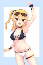 Rule 34 | 1girl, :d, arm up, armpits, bare shoulders, bikini, black choker, blonde hair, blush, breasts, brown eyes, choker, cleavage, collarbone, eyewear on head, gluteal fold, hair between eyes, hair ornament, halterneck, highres, hinatsuki mikan, kuramoto takato, lace-trimmed choker, lace trim, long hair, looking at viewer, machikado mazoku, medium breasts, navel, open mouth, side ponytail, simple background, skindentation, smile, solo, standing, sunglasses, swimsuit, teeth, thigh strap, upper teeth only