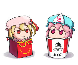 Rule 34 | 2girls, blonde hair, bucket, chibi, commentary, edgycat, flandre scarlet, fumo (doll), happy meal, hat, in bucket, in container, kfc, looking at another, mcdonald&#039;s, meme, mob cap, multiple girls, niwatari kutaka, one side up, pink hair, purple eyes, red eyes, saigyouji yuyuko, simple background, smile, touhou, v-shaped eyebrows, white background