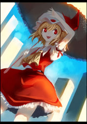 Rule 34 | 1girl, :d, arm up, ascot, blonde hair, fangs, flandre scarlet, framed, hat, hat ribbon, kozou (soumuden), mob cap, no wings, open mouth, parasol, pillar, puffy sleeves, red eyes, ribbon, shirt, short sleeves, side ponytail, skirt, skirt set, smile, solo, touhou, umbrella, vest, wings