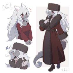 Rule 34 | 1girl, 2023, dragon, english text, furry, furry female, gloves, hat, highres, horn, long hair, looking at viewer, open mouth, pannya (whitexterior), red eyes, snout, standing, white hair