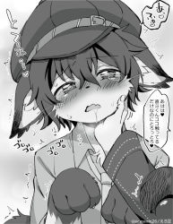 Rule 34 | 2girls, animal ears, animal hands, blush, cabbie hat, cat ears, cat girl, cat tail, collared shirt, drooling, eromame, fang, full-face blush, furrification, furry, furry female, greyscale, hand on another&#039;s face, hat, kujikawa rise, monochrome, multiple girls, necktie, open mouth, paw pose, persona, persona 4, shirogane naoto, shirt, solo focus, tail, tears, translation request, twitter username, upper body, whiskers, yuri