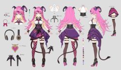 Rule 34 | 1girl, asymmetrical horns, asymmetrical legwear, bad id, bad twitter id, blonde hair, bow, bowtie, breasts, character sheet, chest harness, colored inner hair, commentary request, demon girl, demon horns, demon tail, guchico, hair between eyes, harness, headphones, headphones around neck, high heels, holding, holding with tail, hololive, horns, long hair, looking at viewer, mano aloe, medium breasts, microphone, multicolored hair, nail polish, pink hair, prehensile tail, purple neckwear, purple skirt, second-party source, skirt, sleeveless, tail, thigh strap, thighhighs, two-tone hair, uneven horns, uneven legwear, virtual youtuber, wrist cuffs