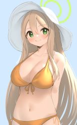 Rule 34 | 1girl, arms behind back, bikini, blonde hair, blue archive, blue background, blush, breasts, cleavage, closed mouth, front-tie bikini top, front-tie top, green eyes, hat, large breasts, long hair, looking at viewer, navel, nonomi (blue archive), nonomi (swimsuit) (blue archive), side-tie bikini bottom, simple background, skeptycally, smile, solo, stomach, sun hat, swimsuit, upper body, very long hair, white hat, yellow bikini