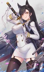 Rule 34 | 1girl, :q, animal ears, artillery, atago (azur lane), azur lane, black garter straps, black hair, breasts, brown thighhighs, buttons, cowboy shot, dog ears, double-breasted, extra ears, garter straps, gloves, grey background, half gloves, highres, holding, holding sword, holding weapon, jacket, katana, large breasts, long hair, long sleeves, looking at viewer, military, military uniform, miniskirt, mole, mole under eye, pencil skirt, rigging, sheath, simple background, skirt, solo, sword, thighhighs, tongue, tongue out, turret, uniform, unsheathing, very long hair, waa! okami, weapon, white gloves, white jacket, white skirt, yellow eyes, zettai ryouiki
