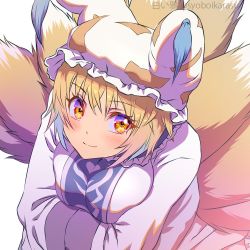 Rule 34 | 1girl, animal ears, animal hat, blonde hair, blush, breasts, dress, fox ears, fox tail, from above, hat, kitsune, kyuubi, light smile, long sleeves, looking at viewer, medium breasts, mob cap, multiple tails, shiroi karasu, short hair, simple background, solo, tabard, tail, touhou, white background, white dress, white hat, wide sleeves, yakumo ran, yellow eyes