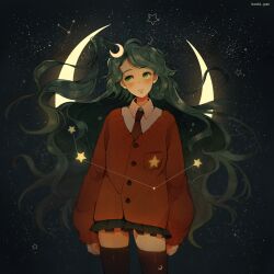 Rule 34 | 1girl, aqua hair, artist name, black skirt, black thighhighs, blush stickers, buttons, clenched hands, collared shirt, commentary, constellation, crescent, crescent hair ornament, crescent moon, crescent print, english commentary, frilled skirt, frills, green eyes, hair ornament, hoshi-pan, jacket, long hair, long sleeves, looking to the side, miniskirt, moon, necktie, night, night sky, one side up, orange jacket, original, parted lips, pocket, puffy long sleeves, puffy sleeves, red necktie, shirt, skirt, sky, sleeves past wrists, solo, star (sky), star (symbol), star piercing, star print, sweater jacket, teeth, thighhighs, very long hair, wavy hair, white shirt, zettai ryouiki