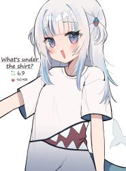 Rule 34 | 1girl, :d, absurdres, alternate costume, blue eyes, blue hair, blush, breasts, english text, gawr gura, grey hair, grey shirt, hair ornament, highres, hololive, hololive english, long hair, meiwowowo, meme, open mouth, shark hair ornament, shirt, short sleeves, small breasts, smile, solo, teeth print, twitter strip game (meme), upper body, virtual youtuber, white background