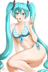 Rule 34 | 1girl, :d, arm support, bikini, blue bikini, blue eyes, blue hair, breasts, cleavage, collarbone, front-tie bikini top, front-tie top, hair between eyes, hair ornament, hatsune miku, headset, highres, kimmy77, long hair, microphone, navel, open mouth, side-tie bikini bottom, small breasts, smile, solo, striped bikini, striped clothes, swimsuit, transparent background, twintails, very long hair, vocaloid, watermark, wet, wet hair