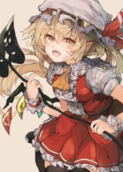 Rule 34 | 1girl, ascot, banned artist, belt, black thighhighs, blonde hair, blush, bow, breasts, buttons, center frills, crystal, fangs, flandre scarlet, frilled shirt, frilled shirt collar, frilled skirt, frills, hat, hat ribbon, laevatein (touhou), mob cap, one side up, open mouth, puffy short sleeves, puffy sleeves, red bow, red ribbon, red skirt, red vest, ribbon, shirt, short hair, short sleeves, simple background, skirt, solo, teeth, thighhighs, tongue, touhou, upper teeth only, vest, white background, white shirt, wings, wrist cuffs, yellow ascot, yellow eyes, zairen