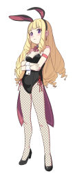 Rule 34 | 1girl, animal ear hairband, animal ears, armband, arms under breasts, bare shoulders, black footwear, black hairband, black leotard, blonde hair, blunt bangs, blush, bow, bowtie, breasts, copyright request, detached collar, drill hair, earrings, fake animal ears, fishnet pantyhose, fishnets, frown, full body, hairband, high heels, highres, jewelry, leotard, long hair, looking at viewer, pantyhose, playboy bunny, purple eyes, rabbit ear hairband, rabbit ears, red bow, red bowtie, saiste, shoes, simple background, small breasts, solo, standing, strapless, strapless leotard, unmoving pattern, white background, wrist cuffs