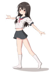 Rule 34 | 1girl, :&lt;, black hair, black sailor collar, black skirt, blush, closed mouth, commentary request, from side, full body, hair between eyes, highres, long hair, looking at viewer, looking to the side, neckerchief, no shoes, original, pleated skirt, red eyes, red neckerchief, sailor collar, school uniform, serafuku, shadow, shirt, short sleeves, simple background, skirt, solo, standing, takasuma hiro, thighhighs, tiptoes, white background, white shirt, white thighhighs
