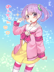Rule 34 | 1girl, :o, collared jacket, dancho (dancyo), dress, green scrunchie, hair ornament, hair scrunchie, head tilt, heart, highres, jacket, long sleeves, looking at viewer, manaka non, open mouth, pink jacket, pink neckwear, pleated dress, pretty series, pripara, purple eyes, purple hair, school uniform, scrunchie, side ponytail, sleeves past wrists, solo, sparkle, striped clothes, striped thighhighs, thighhighs, translated, v, yellow dress