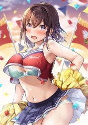 Rule 34 | 1girl, :o, @ @, aqua bra, aqua panties, arm at side, bare arms, bike shorts, blue skirt, blush, bra, breasts, brown hair, cheerleader, cleavage, clothes lift, cloud, commentary request, confetti, crop top, crossed bangs, embarrassed, evening, flag, highres, large breasts, looking at viewer, navel, original, outdoors, panties, pleated skirt, pom pom (cheerleading), purple eyes, red shirt, shiro kuma shake, shirt, skirt, skirt lift, sky, solo, standing, stomach, sunset, sweat, underwear, wavy mouth