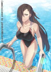 Rule 34 | 1girl, alternate costume, bare shoulders, black one-piece swimsuit, braid, breasts, brown eyes, brown hair, cleavage, commission, day, fire emblem, fire emblem fates, hair over one eye, hair ribbon, highleg, highleg swimsuit, highres, kagero (fire emblem), large breasts, long hair, looking at viewer, mzrz, nintendo, one-piece swimsuit, outdoors, ponytail, pool, pool ladder, poolside, ribbon, smile, solo, swimsuit, tile floor, tiles, very long hair, water, wet