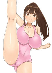 Rule 34 | 1girl, bad id, bad pixiv id, bare shoulders, blush, breasts, brown eyes, brown hair, cleavage, covered navel, curvy, kneepits, large breasts, leotard, long hair, looking at viewer, mo-fu, original, ponytail, simple background, smile, solo, split, spread legs, standing, standing on one leg, swimsuit