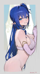 Rule 34 | 1girl, :d, absurdres, artist name, ass, bare shoulders, blue eyes, blue hair, blush, bottomless, bra, breasts, closed mouth, cropped legs, elbow gloves, from side, gloves, grin, highres, large breasts, long hair, looking at viewer, looking to the side, open mouth, original, parted lips, pointy ears, side ponytail, smile, solo, sooon, strap gap, underwear, underwear only, very long hair, white bra, white gloves
