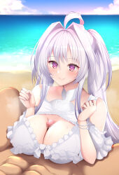 Rule 34 | 1girl, ahoge, beach, bikini, blue sky, blush, breasts, censored, cleavage, closed mouth, cloud, cloudy sky, dain (bishop m), fate/grand order, fate (series), frilled bikini, frills, hair between eyes, hair intakes, highres, huge breasts, lady avalon (fate), lady avalon (second ascension) (fate), merlin (fate/prototype), mosaic censoring, ocean, paizuri, penis, pink eyes, sky, smile, solo focus, sweat, swimsuit, twintails, white bikini, white hair