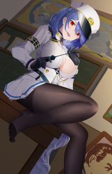 Rule 34 | 1163186334, 1girl, :d, absurdres, alternate eye color, azur lane, black gloves, black pantyhose, blue hair, breasts, chapayev (azur lane), cleavage, coat dress, dutch angle, gloves, hair between eyes, hair ornament, hairclip, hat, highres, holding, holding riding crop, indoors, jacket, large breasts, looking at viewer, map, military, military hat, military uniform, mole, mole on breast, open mouth, pantyhose, peaked cap, pleated skirt, pointer, portrait (object), red eyes, riding crop, sitting, skirt, smile, table, thighs, uniform, white hat, white jacket, white skirt