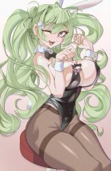 Rule 34 | 1girl, :d, animal ears, antenna hair, black bow, black bowtie, black leotard, blush, bow, bowtie, breasts, brown pantyhose, detached collar, fake animal ears, fake tail, fang, goddess of victory: nikke, green hair, heart antenna hair, highleg, highleg leotard, kissui hyu, large breasts, leotard, long hair, one eye closed, open mouth, pantyhose, paw pose, pink eyes, playboy bunny, rabbit ears, rabbit tail, sitting, skin fang, smile, soda (nikke), soda (twinkling bunny) (nikke), solo, strapless, strapless leotard, tail, twintails, wrist cuffs