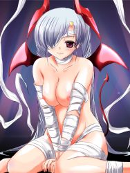 Rule 34 | 1girl, arm support, bandages, between legs, blush, breasts, cleavage, collarbone, demon girl, demon tail, demon wings, drill hair, eyepatch, fang, horns, kenjuurou, long hair, midou rin, nipples, nurse ni omakase, purple eyes, short hair, silver hair, sitting, solo, tail, twin drills, twintails, v arms, very long hair, wariza, wings