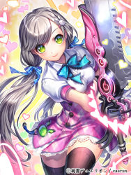 Rule 34 | 1girl, black thighhighs, character request, checkered clothes, checkered skirt, esphy, gloves, green eyes, grey hair, heart, holding, holding weapon, junketsu duelion, long hair, looking at viewer, pink skirt, puffy sleeves, shirt, short sleeves, skirt, smile, solo, sword, thighhighs, twintails, weapon, white shirt, zettai ryouiki