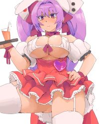 Rule 34 | 1girl, breasts, choker, cleavage, covered erect nipples, cup, curvy, di gi charat, drinking glass, drinking straw, female focus, garter straps, hand on own hip, highres, large breasts, looking at viewer, minakami (flyingman555), oekaki, panties, purple hair, red eyes, simple background, smile, solo, thick thighs, thighhighs, thighs, tray, twintails, underwear, usada hikaru, white background, white panties, white thighhighs, wide hips