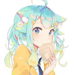 Rule 34 | 1girl, animal ear fluff, animal ears, aqua hair, bad id, bad pixiv id, black necktie, blue eyes, blush, cardigan, cat ears, collared shirt, covered mouth, credit card, fingernails, highres, holding, long hair, long sleeves, looking at viewer, mao ge, multicolored eyes, necktie, open cardigan, open clothes, original, pink eyes, shirt, simple background, solo, sweat, upper body, white background, white shirt, yellow cardigan