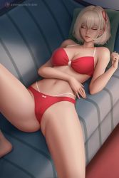 Rule 34 | 1girl, arduina (arduin art), bikini, blonde hair, bob cut, bow, bow panties, breasts, closed eyes, couch, hair ribbon, highres, large breasts, lips, lycoris recoil, lying, navel, nishikigi chisato, on back, on couch, panties, patreon logo, patreon username, red bikini, red ribbon, ribbon, short hair, solo, swimsuit, underwear