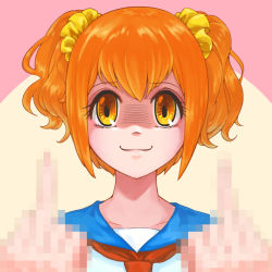 Rule 34 | 030 (pixiv 6510177), 1girl, :3, absurdres, blue sailor collar, censored, closed mouth, collarbone, double middle finger, female focus, hair ornament, hair scrunchie, hands up, happy, highres, looking at viewer, matching hair/eyes, middle finger, mosaic censoring, neckerchief, orange eyes, orange hair, poptepipic, popuko, red neckerchief, sailor collar, school uniform, scrunchie, serafuku, shaded face, shirt, short twintails, sidelocks, simple background, smile, solo, straight-on, twintails, two-tone background, upper body, white shirt, yellow scrunchie