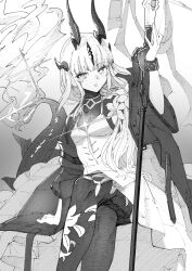 Rule 34 | 1girl, arknights, bodystocking, dragon girl, dragon horns, dragon tail, dress, feet out of frame, greyscale, highres, horns, infection monitor (arknights), kisaragi chiyuki, light in heart, long hair, looking at viewer, monochrome, reed (arknights), reed the flame shadow (arknights), solo, staff, tail