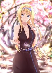 Rule 34 | 1girl, alice zuberg, bare arms, bare shoulders, black dress, blonde hair, blue eyes, braid, braided ponytail, breasts, dress, evening gown, flower, gown, hair intakes, hairband, highres, long hair, looking at viewer, no bra, ponytail, shi-2, smile, sword art online, sword art online: alicization, white hairband