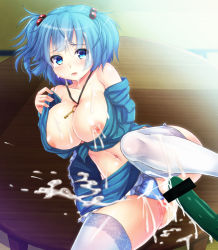 Rule 34 | 1girl, blue eyes, blue hair, blue panties, breasts, censored, clothes lift, cucumber, ebi 193, female focus, hair bobbles, hair ornament, kawashiro nitori, key, large breasts, looking at viewer, matching hair/eyes, navel, nipples, no bra, open clothes, open shirt, panties, sexually suggestive, shirt, skirt, skirt lift, solo, spread legs, suggestive fluid, tears, thighhighs, touhou, two side up, underwear, upskirt, white thighhighs