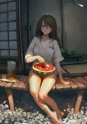 Rule 34 | 1girl, absurdres, arm support, bare legs, barefoot, brown eyes, brown hair, chewing, chinese commentary, collarbone, commentary request, commission, eating, feet, fisheye, food, fruit, furioso, highres, holding, holding spoon, long hair, nakazawa kaori, original, porch, rock, second-party source, shirt, short sleeves, sitting, sliding doors, solo, spoon, sweatdrop, t-shirt, watermelon, white shirt