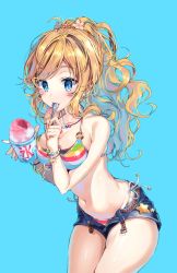 Rule 34 | 1girl, bad id, bad pixiv id, bare shoulders, bead bracelet, beads, belt, bikini, blonde hair, blue background, blue eyes, blush, bracelet, breasts, cleavage, collarbone, denim, denim shorts, eating, flower, food, hair flower, hair ornament, hip focus, idolmaster, idolmaster cinderella girls, jewelry, large breasts, long hair, looking at viewer, navel, necklace, o-ring, ohtsuki yui, open belt, pinb, ponytail, shaved ice, short shorts, shorts, sidelocks, simple background, smile, solo, striped bikini, striped clothes, swept bangs, swimsuit, thighs, unbuckled, unbuttoned, unzipped, utensil in mouth, wavy hair, zipper, zipper pull tab