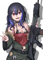 Rule 34 | 1girl, :d, bare shoulders, black collar, black hair, breasts, camisole, cleavage, collar, collarbone, colored eyelashes, combat shotgun, commentary request, dual-mode shotgun, eyeshadow, franchi, fur-trimmed jacket, fur trim, green jacket, gun, hair between eyes, hair ornament, hairclip, highres, holding, jacket, long sleeves, looking at viewer, makeup, medium breasts, multicolored hair, nail polish, navel, off shoulder, open mouth, original, paravene, piercing, pump-action shotgun, pump action, purple hair, purple nails, red camisole, red eyes, revision, semi-automatic firearm, semi-automatic shotgun, shotgun, sleeves past wrists, smile, solo, spas-15, streaked hair, tongue piercing, twintails, v, weapon, white background, x hair ornament