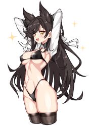 Rule 34 | 1girl, absurdres, animal ears, arms behind head, atago (azur lane), atago (stunning speedster) (azur lane), azur lane, bikini, black bikini, black hair, breasts, brown eyes, commentary request, cropped legs, dog ears, extra ears, godgamesc2, highleg, highleg bikini, highleg swimsuit, highres, korean commentary, large breasts, long hair, looking at viewer, mole, mole under eye, race queen, ribbon, shrug (clothing), simple background, solo, sparkle, standing, swept bangs, swimsuit, white background, white ribbon