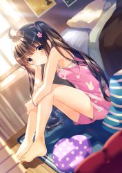 Rule 34 | 1girl, animal print, arm support, bare legs, barefoot, bed, black hair, blush, brown eyes, camisole, closed mouth, craytm, day, dutch angle, flower, hair flower, hair ornament, hand up, highres, indoors, knees up, long hair, original, pillow, pink camisole, pink flower, pink shorts, polka dot, rabbit print, short shorts, shorts, sitting, smile, solo, striped, sunlight, two side up, very long hair, window