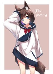 Rule 34 | 1girl, animal ear fluff, animal ears, arm up, blue eyes, blush, bow, brown background, brown hair, collarbone, commentary request, fanny pack, hair ornament, hairclip, head tilt, highres, hood, hood down, hoodie, long sleeves, minowa sukyaru, multicolored hair, original, parted lips, purple hair, red bow, short hair, sleeves past wrists, solo, tail, translation request, two-tone background, two-tone hair, white background, white hoodie, wide sleeves